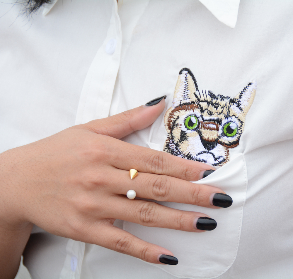 Choies White Embroidery Cat Pattern Pocket Detail Shirt